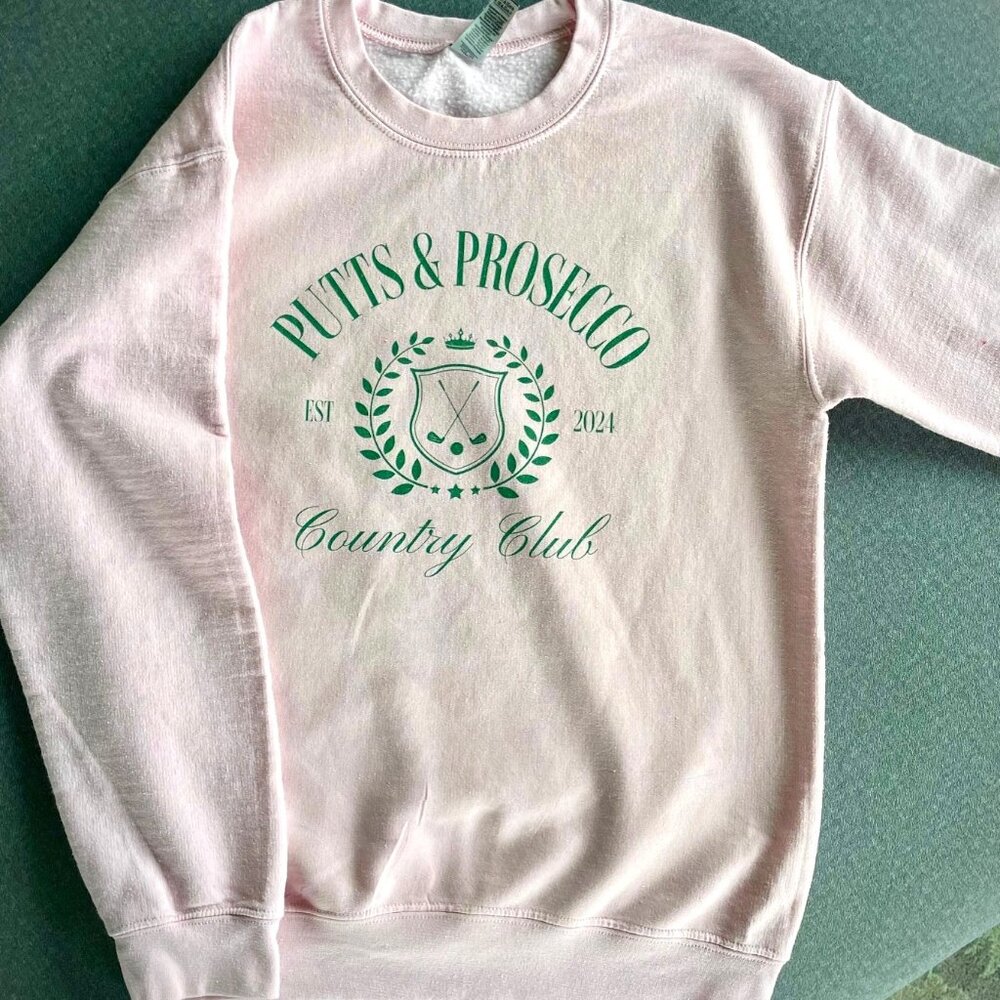 Women's Golf Sweatshirt | Putts & Prosecco |Pink with Green Lettering | Small